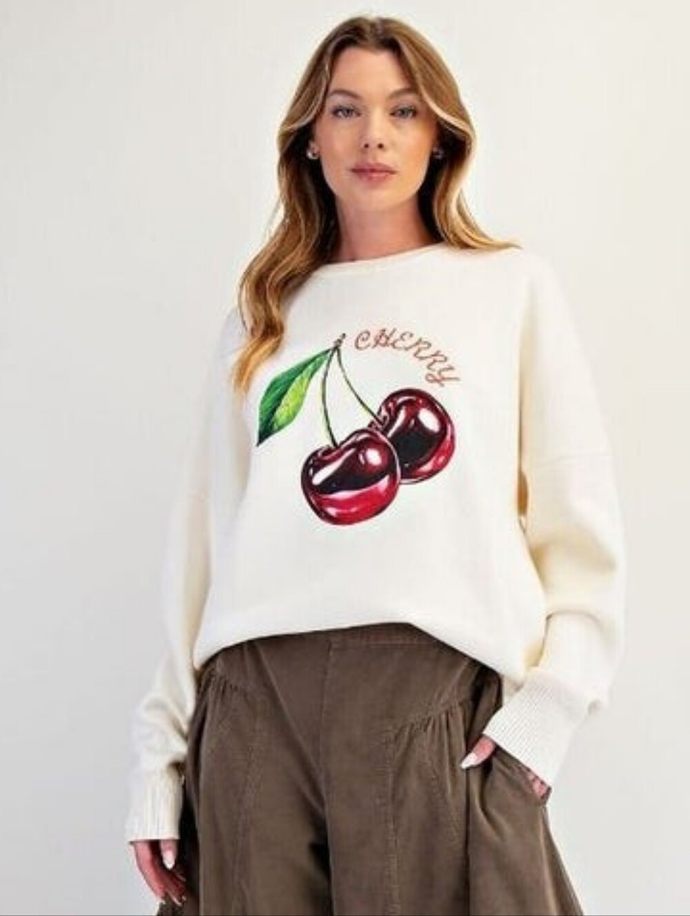 EASEL Cream Pullover Cherry Print Cotton Sweater